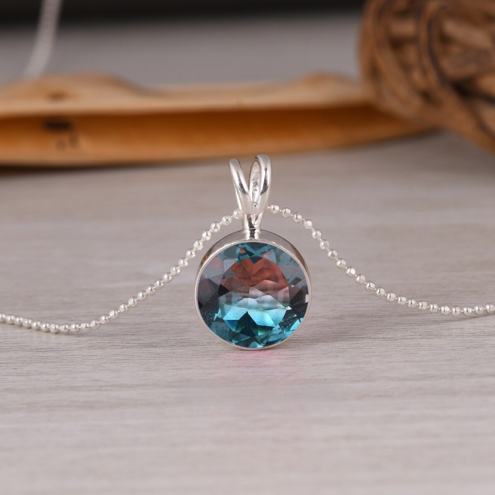Alexandrite Round Pendant Necklace in Sterling Silver Jewelry Gift for Her