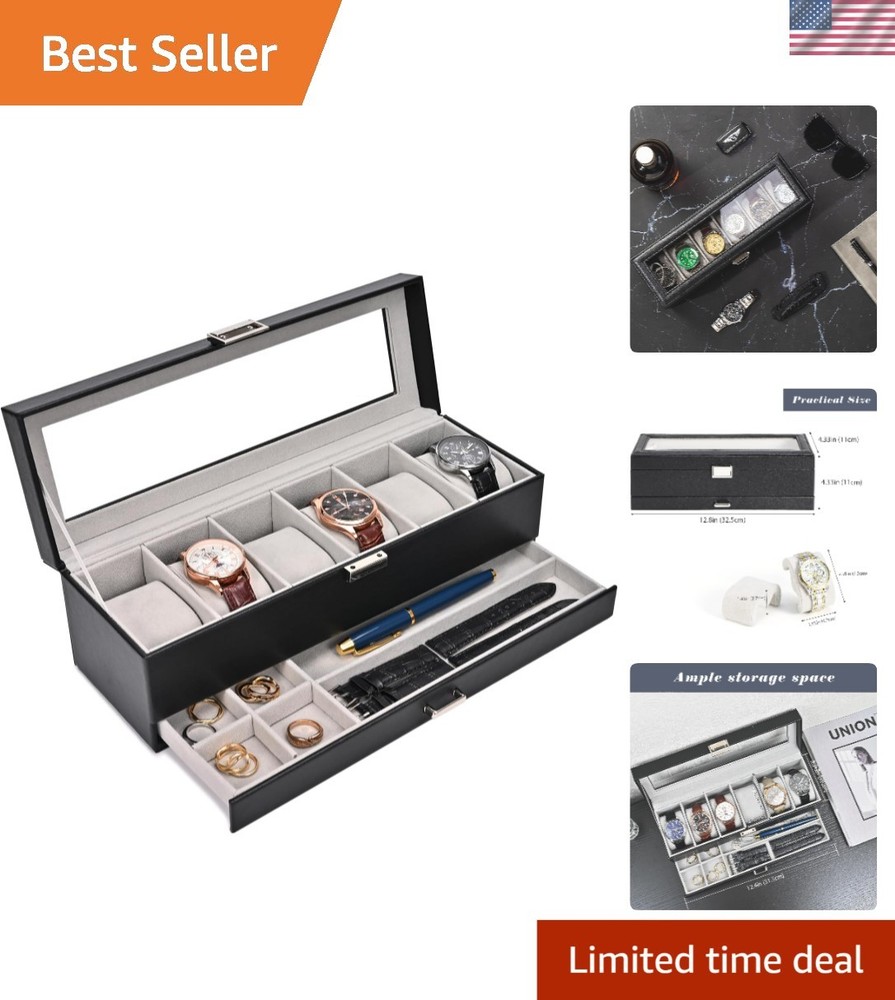 Men’s 2-Layer Watch Storage Case with Clear Glass Top - 6 Slot Jewelry Organizer