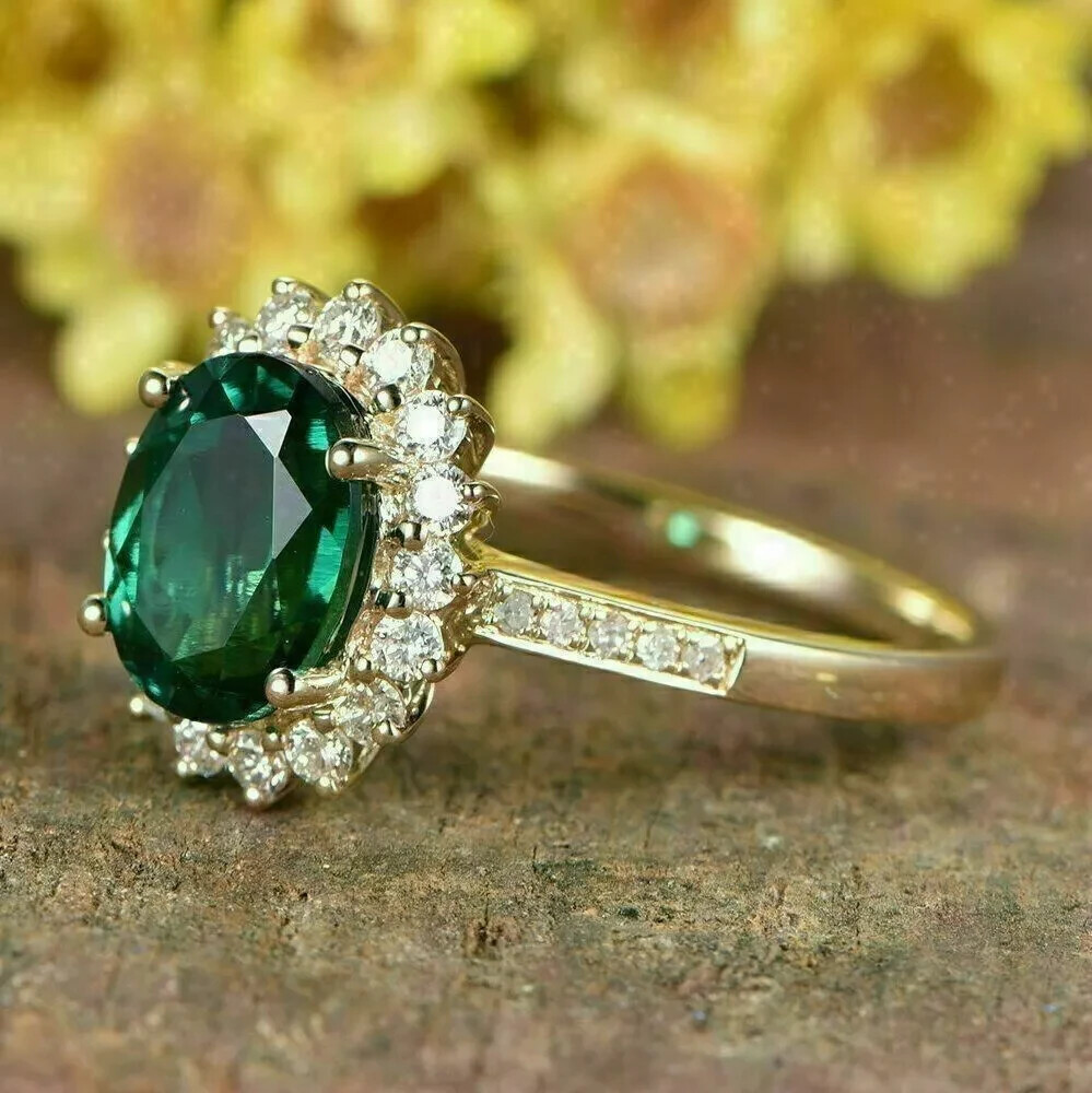 14K Yellow Gold Plated 3Ct Oval Lab Emerald Wedding Ring for Women