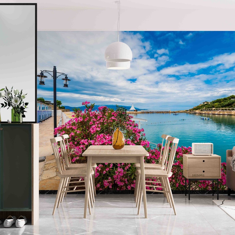 3D Blue Sky Lake Pink Floral Wall Murals Wallpaper Murals Wall Sticker