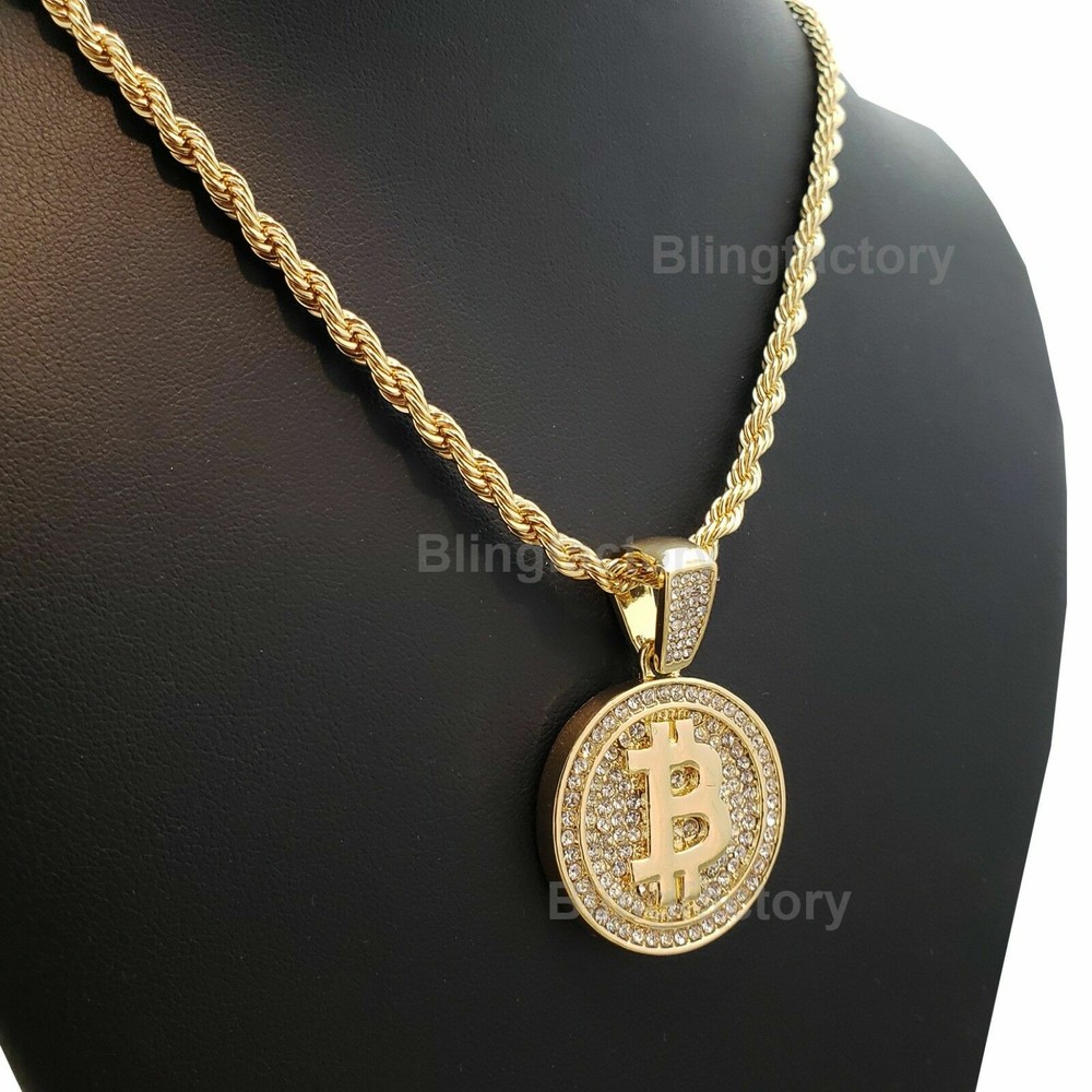 Hip Hop Iced digital currency BIT COIN Pendant & 4mm 24