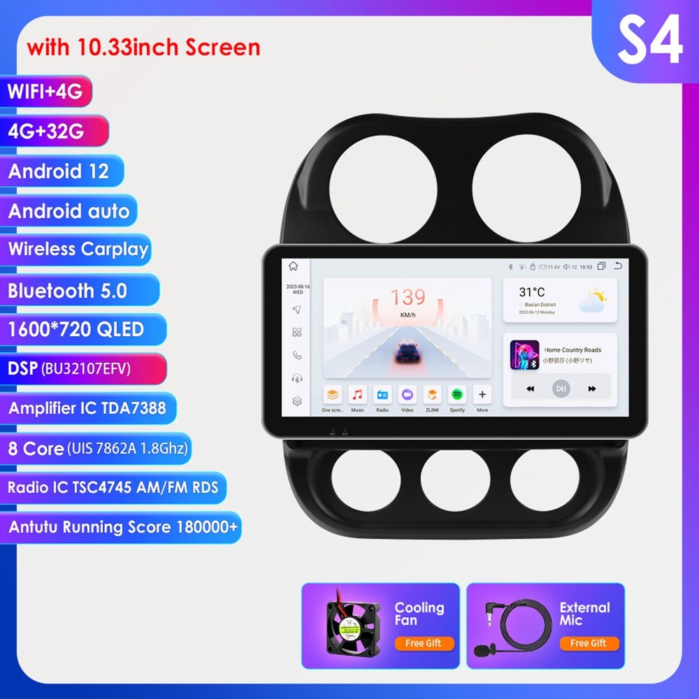 Apple CarPlay Android 12 Car Stereo GPS for Jeep Compass Patriot 2011-2017