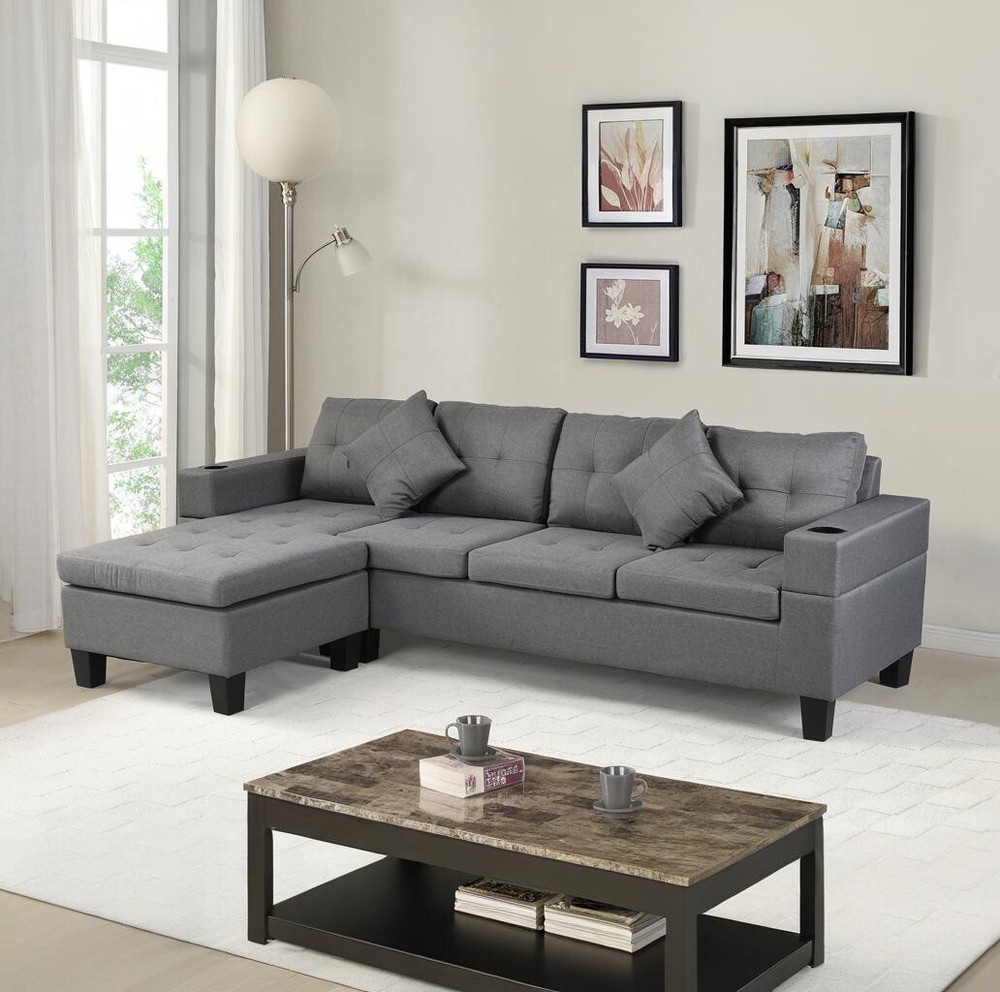 Modern L-Shape Sectional Sofa Set with Chaise Lounge, Cup Holder, and Left-Facing Design for Living Room