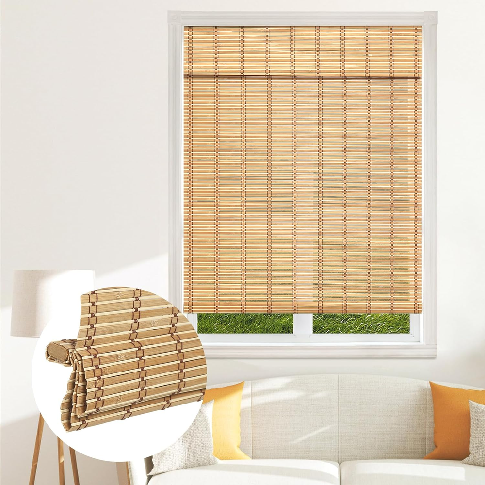 Cordless Bamboo Roller Shades - Natural Light Filtering Roman Blinds Easy Install