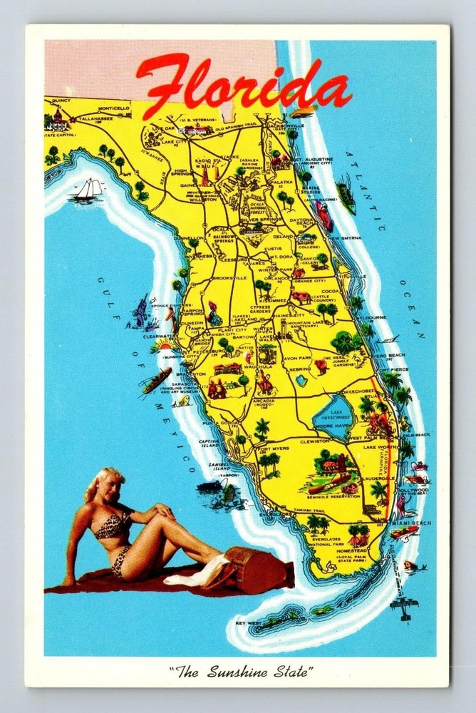 FL-Florida, Scenic Map View, Landmarks And General Greetings, Vintage Postcard