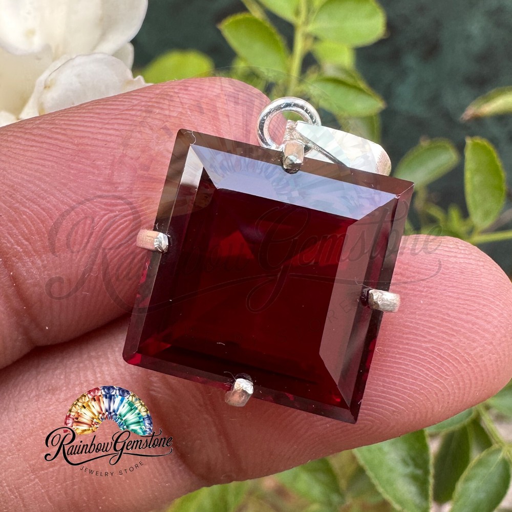 30CT Natural Dark Red Ruby Gemstone in 925 Sterling Silver Radiant Cut Pendant
