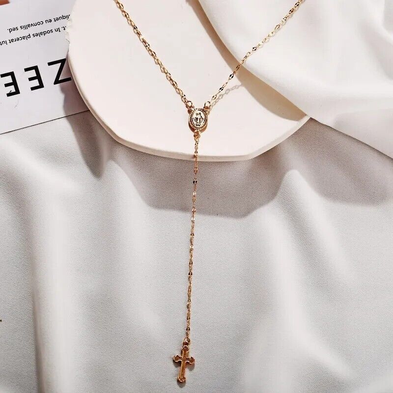 Rosary Necklace Minimalist Catholic Tone Gold Cross Simple Women's