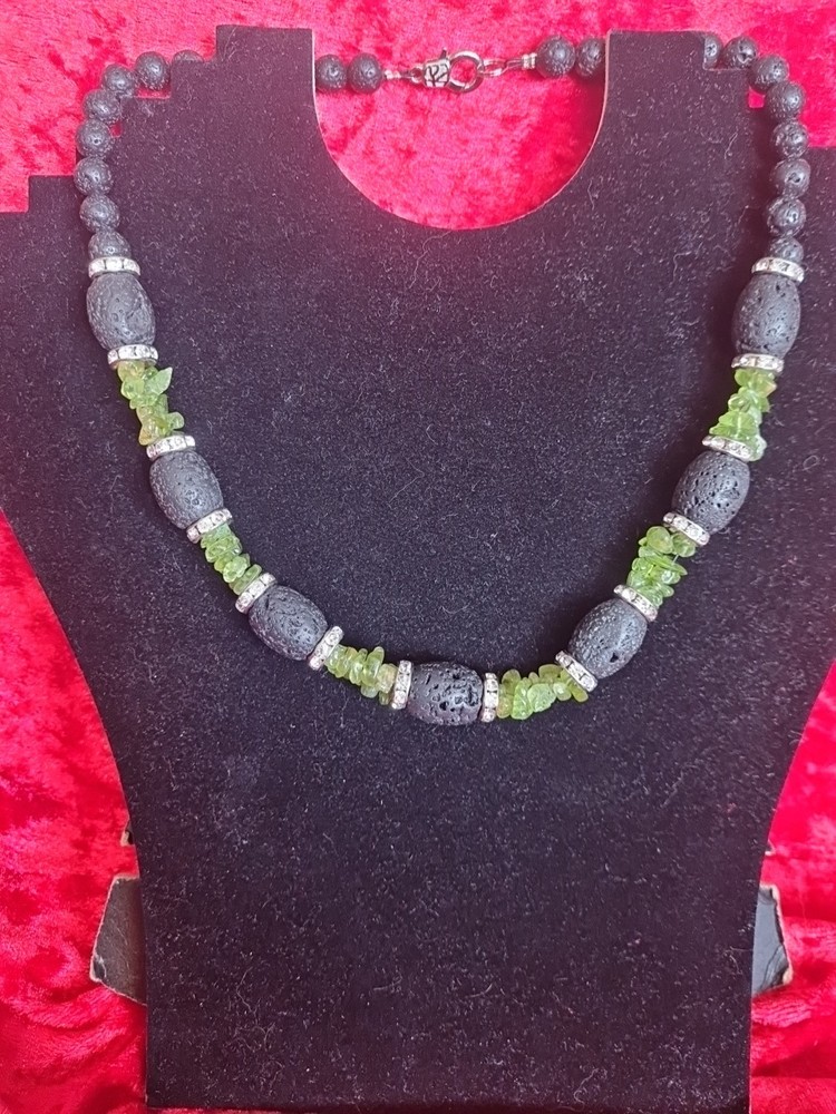 Volcanic Rock and Peridot Chip Beaded Natural Stone Necklace