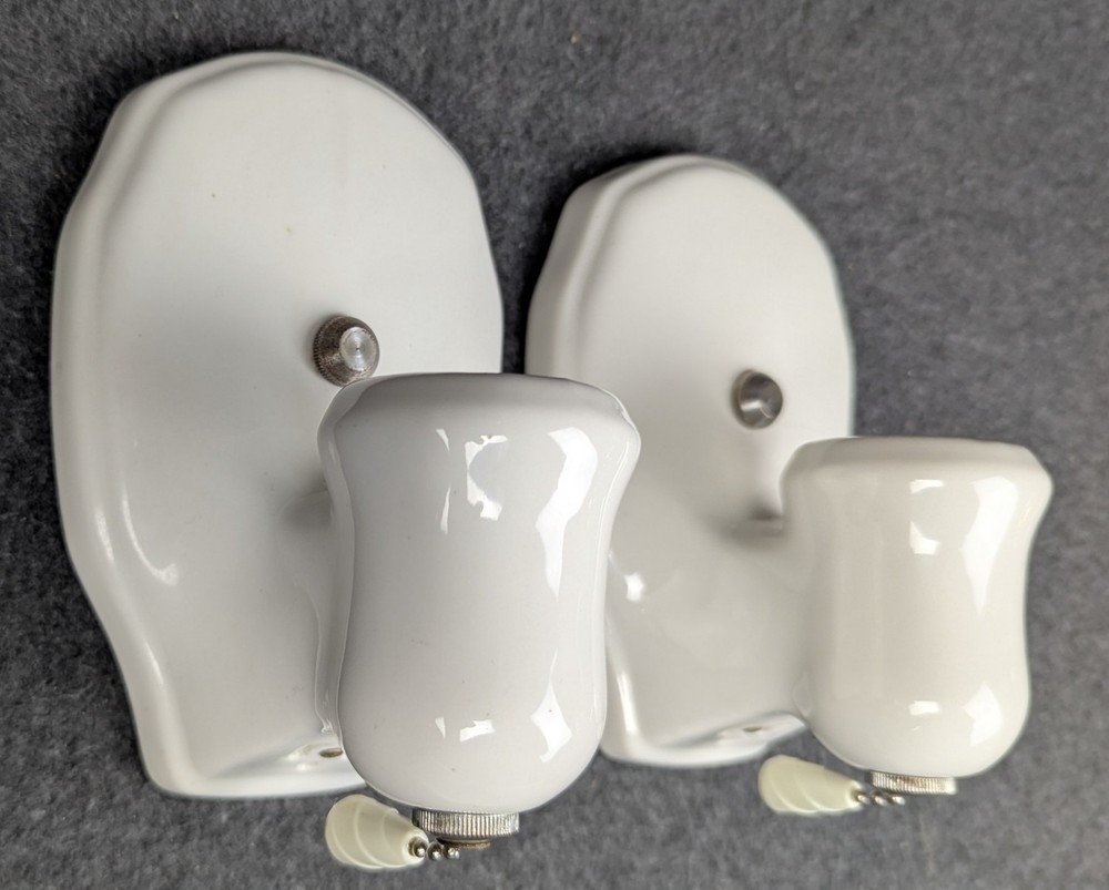 Pair ALABAX White Porcelain Pull Chain Sconces, Rewired & Restored