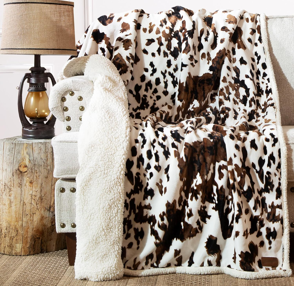 Ultra Soft Tri-Color Cowhide Sherpa Fleece Throw Blanket 54