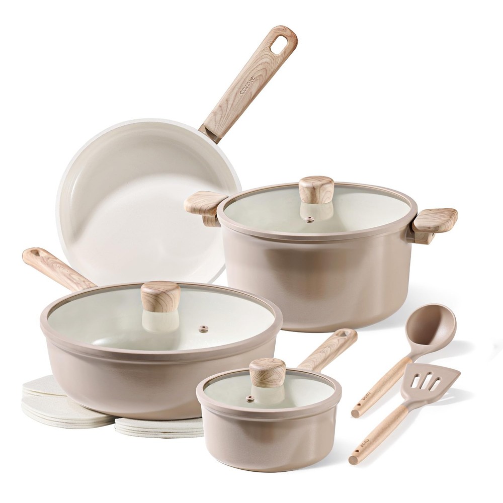 12Pcs Non-Toxic Ceramic Non-Stick Cookware Set with Frying Pans in Taupe PFAS Free