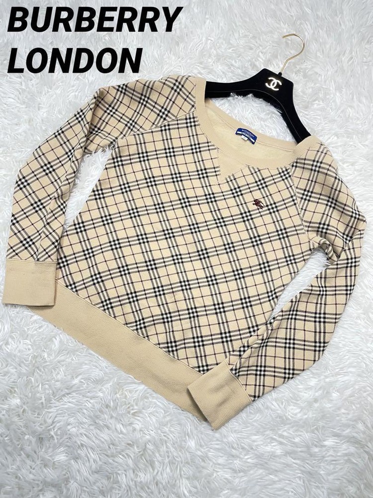 Burberry London Blue Label U Neck Sweater Beige Nova Check Embroidered Logo