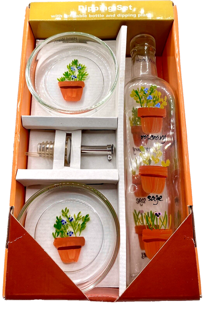 Hand-Painted Gourmet Oil Bottle & Dipping Plates Set for Modern Kitchens NIB