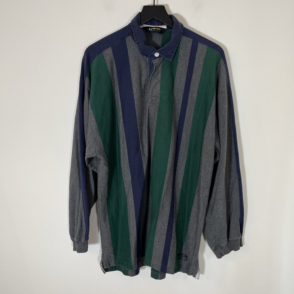 Vintage Eddie Bauer Men's Striped Rugby Polo Long Sleeve Large Colorblock