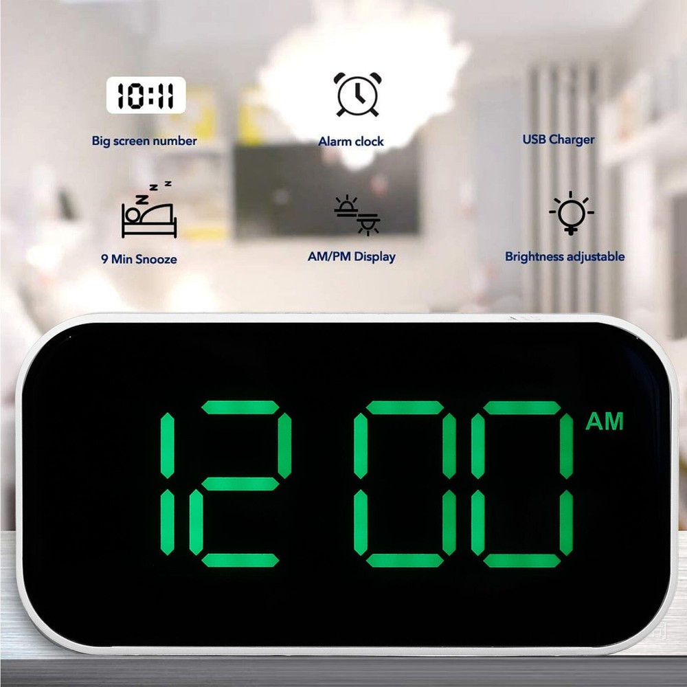 Adjustable Brightness LED Digital Alarm Clock with Green Display and USB Power