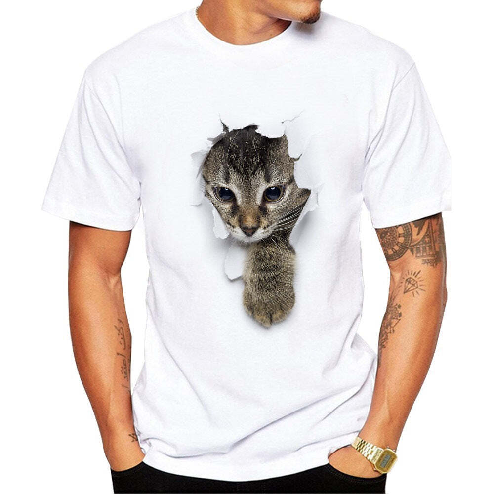 Men's T Shirt Short Sleeve 3D Cat T Shirt Male White Pullover Men Casual T-shirt