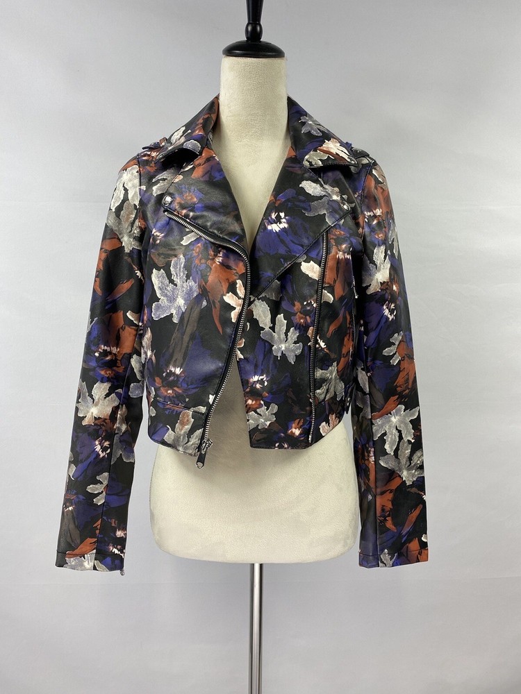 Sam Edelman Faux Leather Biker Jacket Black Dark Floral XS Lined Watercolor