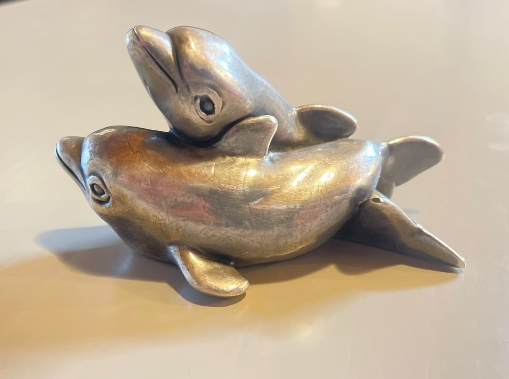 RARE and amazing Vintage LISHAM ART Sterling Silver 925 Dolphins Statue stamped