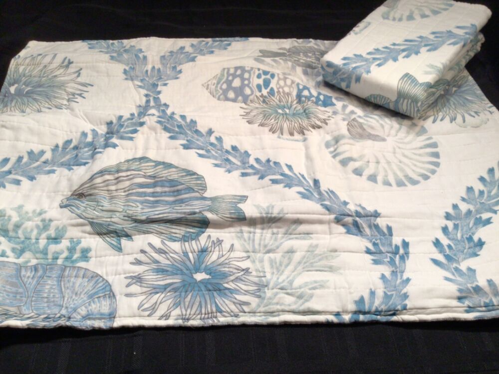 Sea & Sand Pillow Shams coastal STANDARD 2 PC Set Coral Fish White Blue Quilted