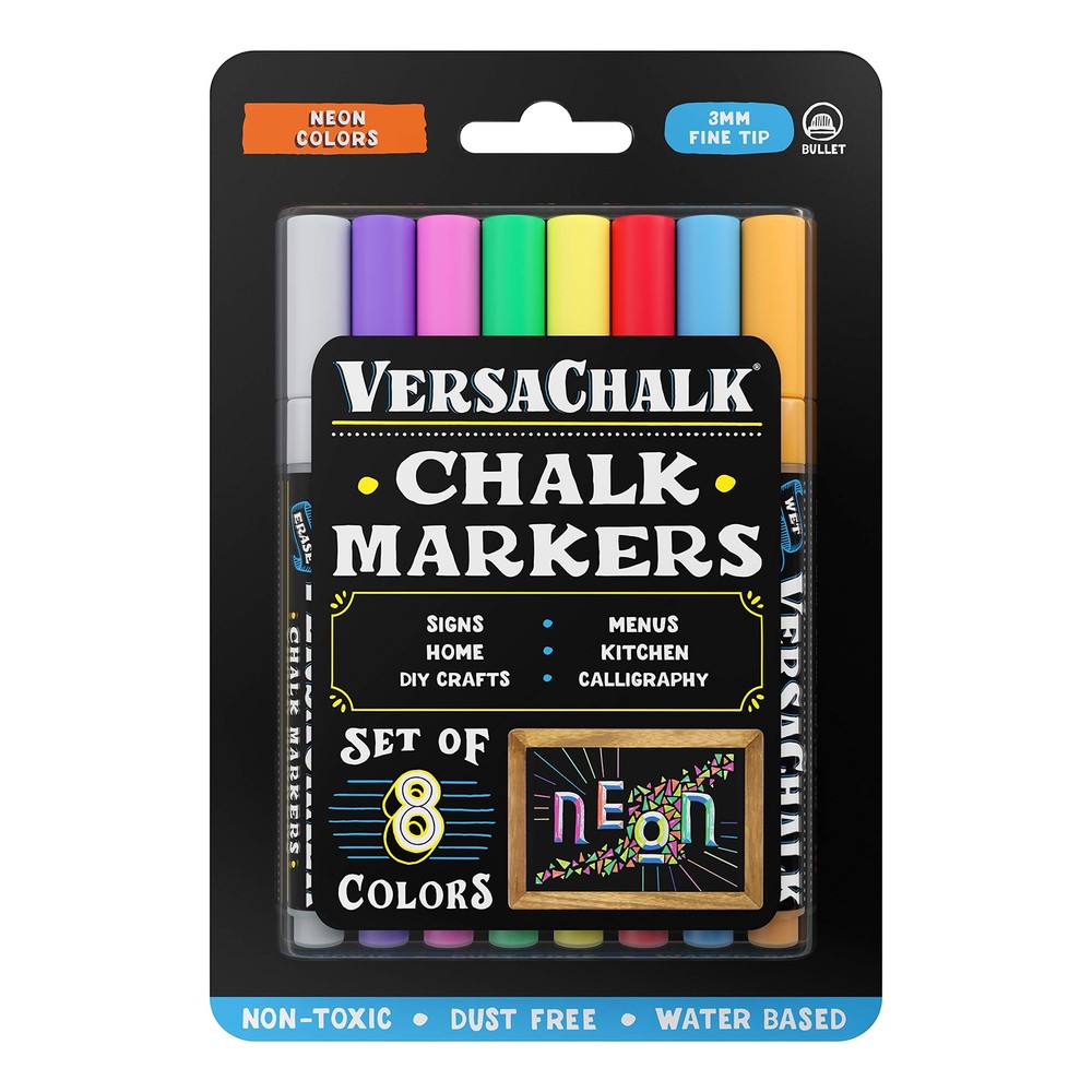 VersaChalk Liquid Chalk Markers for Blackboards - 8 Pack, Fine Tip (3mm) - Ne...