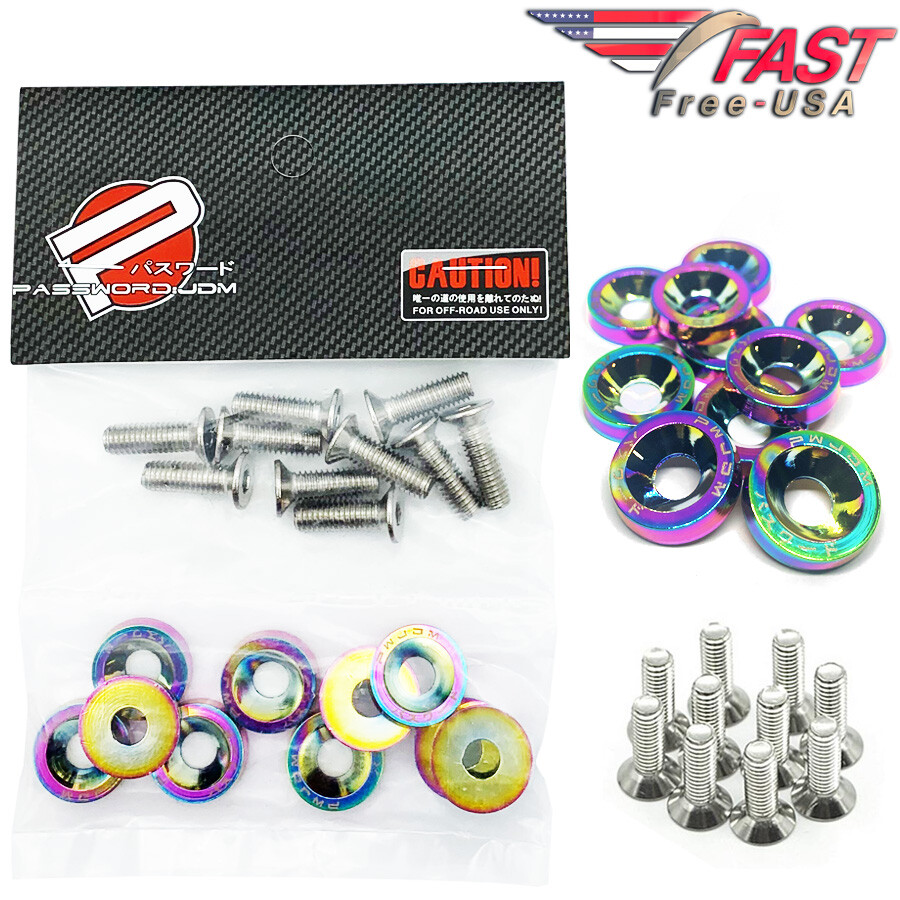 Password JDM NEO-CHROME Fender Washers 10 PC Bumper Bolt Engine Dress Up Kit-image