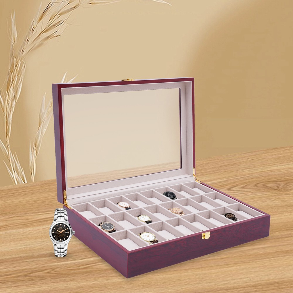 24-Slot Wooden Watch Display Case with Glass Top and Lock