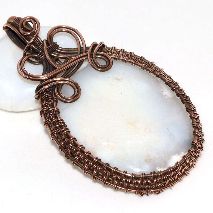 Dendritic Opal Ethnic Copper Wire-Wrapped Pendant Handmade Jewelry Size 3