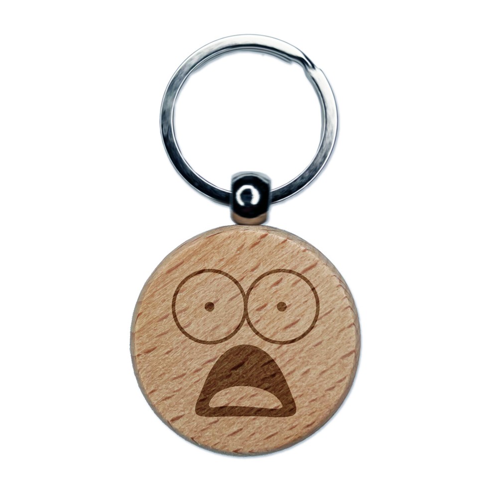 Mouth Agape Shocked Face Engraved Wood Round Keychain Tag Charm