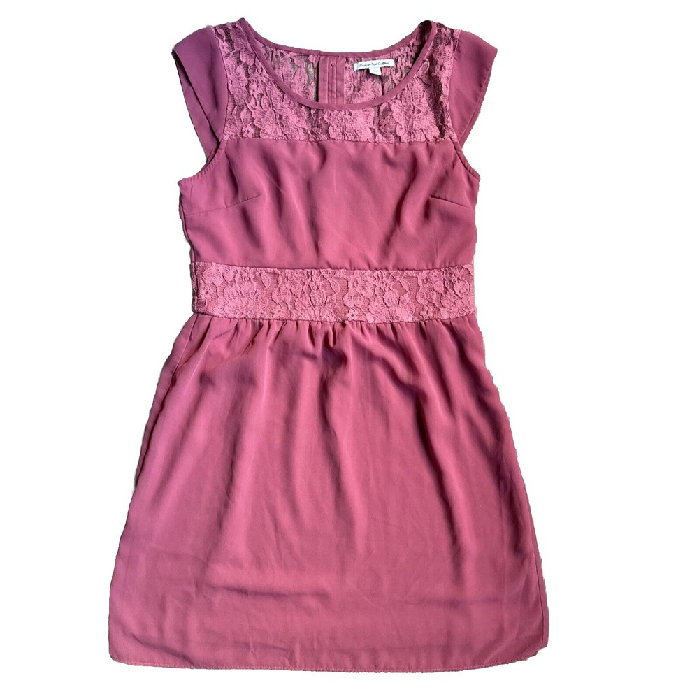 Vtg American Eagle Dress 6 Lace Sheer Mini Pink Summer Semi Mesh Stretch Y2K