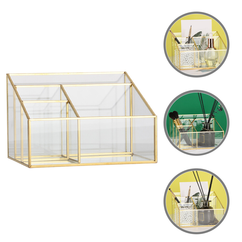 Makeup Brush Case Metal Frame Glass Storage Box Mirror Shelves