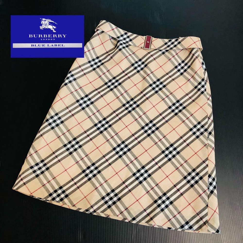 Burberry Blue Label Nova Check Skirt w/ Belt Horse Logo Red Buckle Used