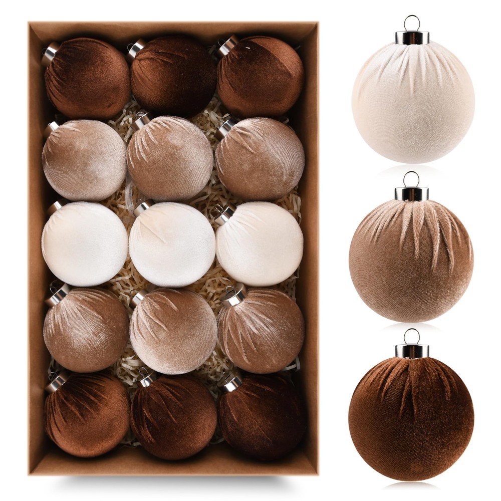 15pcs Brown Velvet Shatterproof Christmas Tree Ball Ornaments