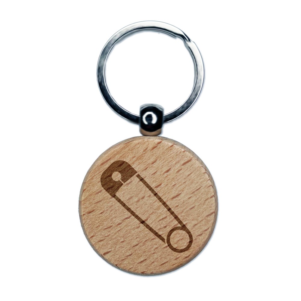 Safety Pin Engraved Wood Round Keychain Tag Charm