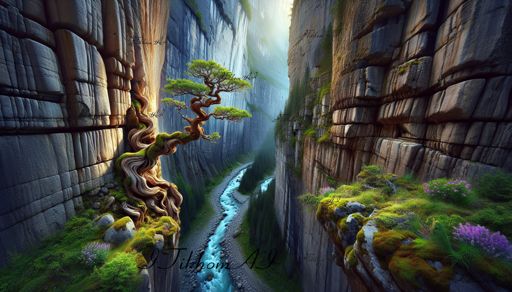 Digital Art Landscape Wallpaper with Mountains Trees and Flowers for Home Decor-image