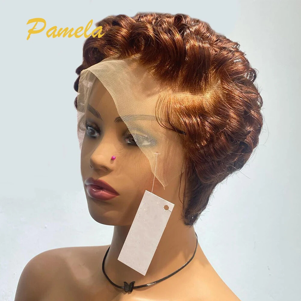 Reddish Brown Short Bob Wave Human Hair Wig with Transparent Lace Front Pixie Cut