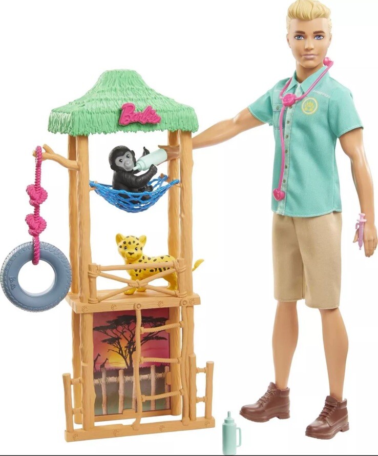 Barbie Careers Playset, Wildlife Vet Ken Doll with 2 Animal Figures, Care Sta...