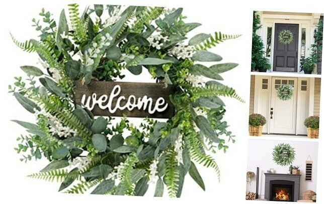 20in Green Artificial Eucalyptus Wreath with White Berries and Welcome Sign