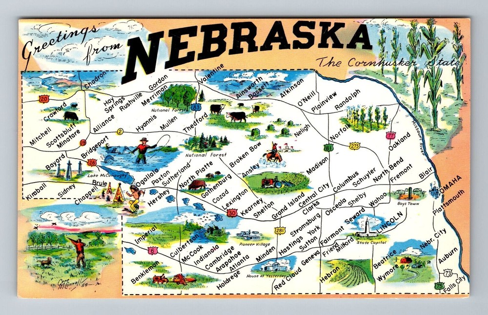NE-Nebraska, Map Greetings, Landmarks, Vintage Postcard