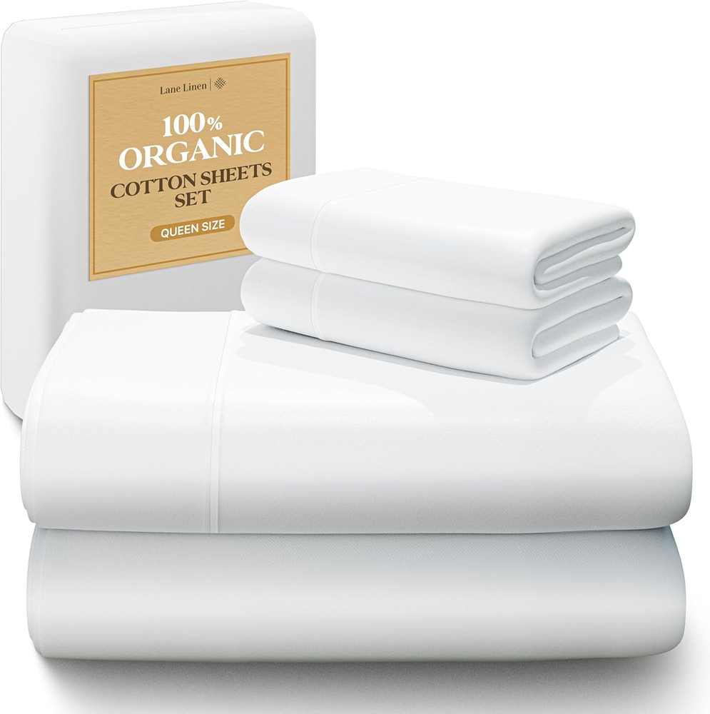 100% Organic Cotton Queen Sheet Set, 4Pc Cotton Sheets Queen Size Bed Set, Soft