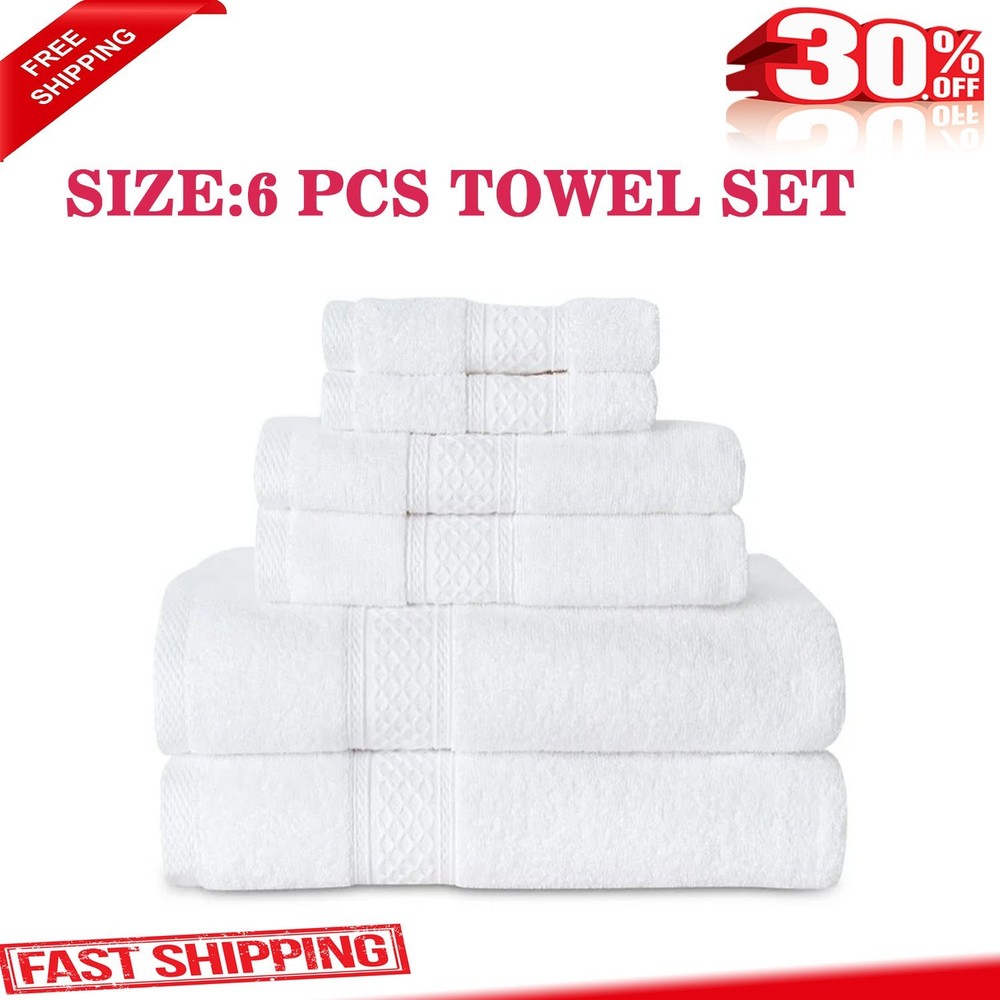 6-Piece 100% Cotton Bath Towel Set - 2 Bath, 2 Hand, 2 Washcloths
