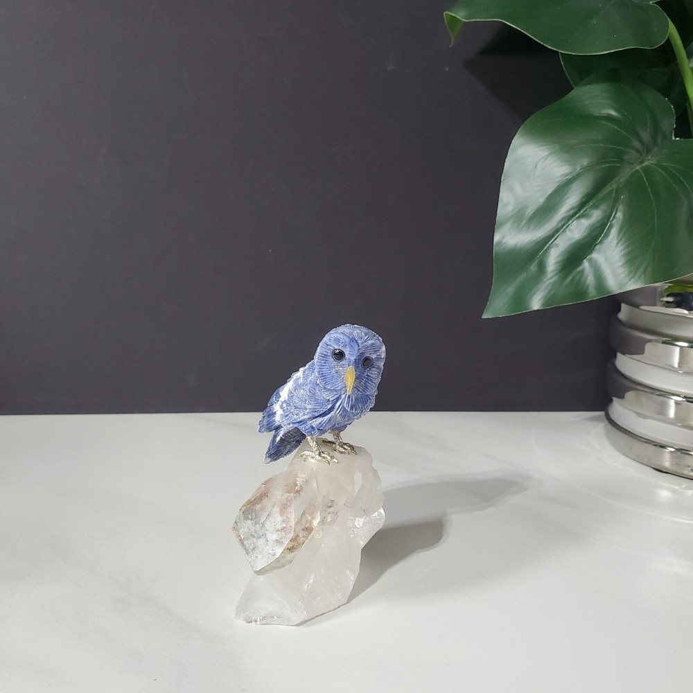 Owl Figurine Natural Sodalite Carved on Clear Quartz Point with Inclusions