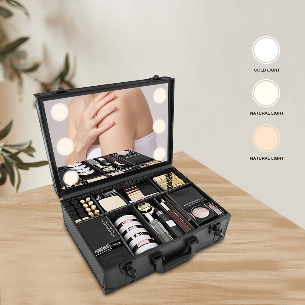 Makeup Train Case w/ LED Light & Mirror  Jewelry Storage Box Cosmetic Organizer