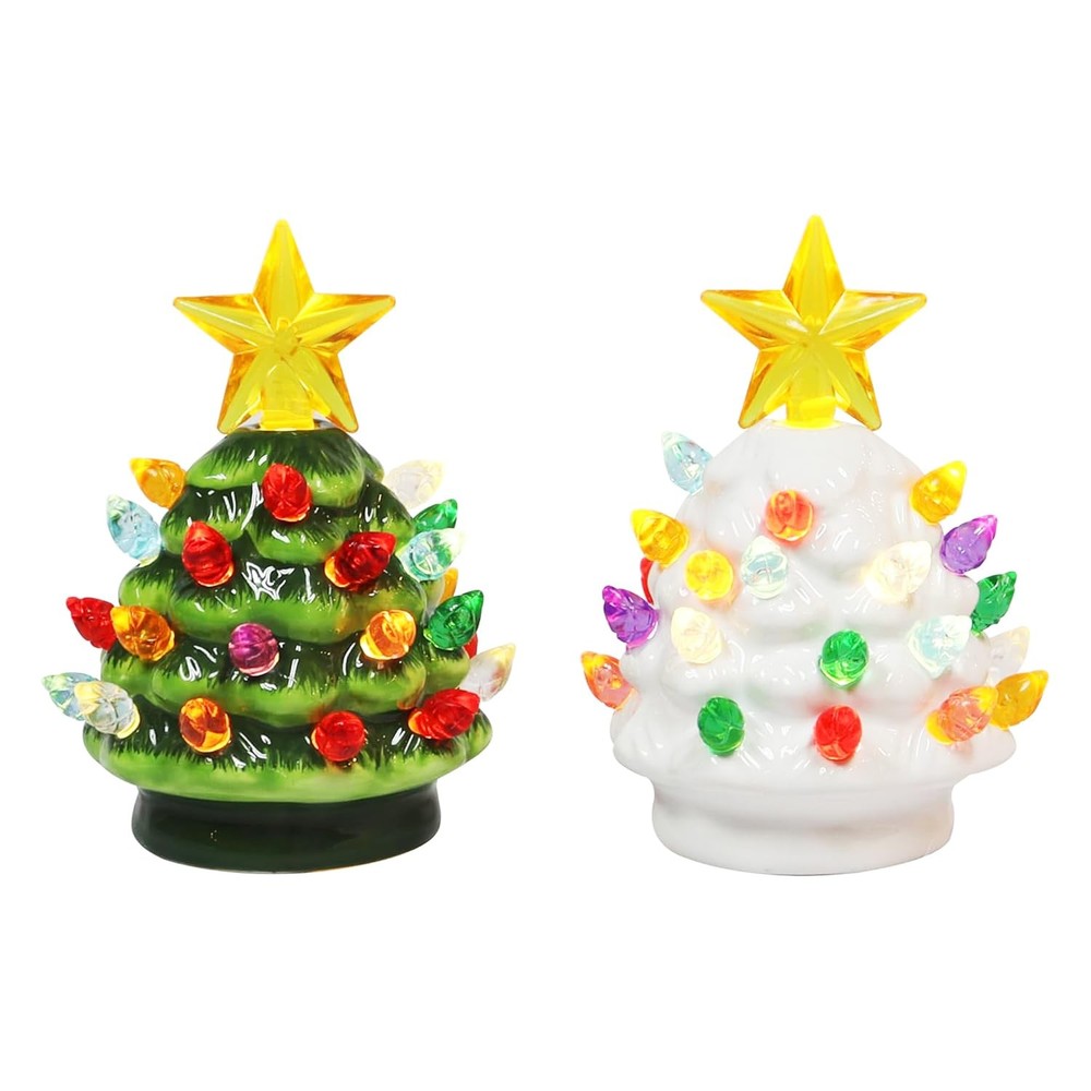 Ceramic Christmas Tree Set of 2 Mini 3.5”H LED Light Up Tabletop Trees with M...