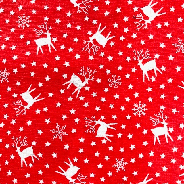 White Reindeer Stars and Snowflake silhouettes on red 100% Cotton Fabric 2.5yds