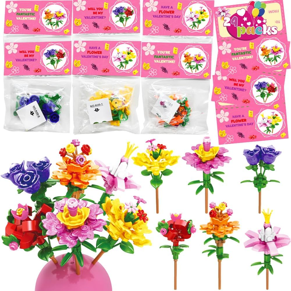 Valentines Day Cards with 24 Bouquet Building Block Flower Toys  