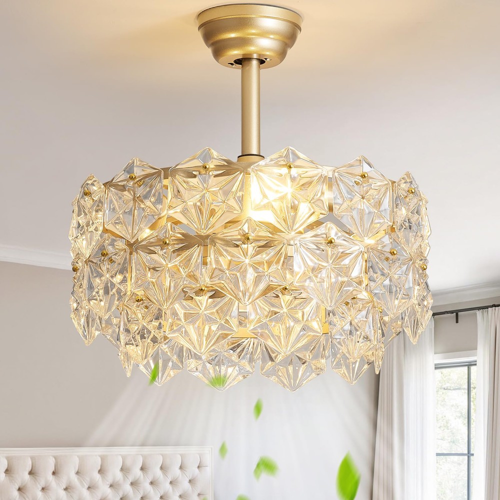 SYDACG 20-Inch Gold Crystal Fandelier Ceiling Fan with Light Mid-Century Modern Chandelier Design