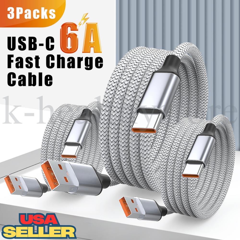 3-Pack 6ft USB to Type-C Fast Charging Cable 120W 6A Data Sync Cord
