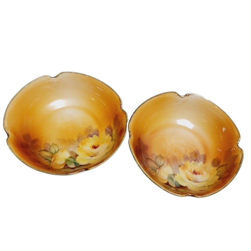 Nippon Bowl Porcelain Yellow Roses Gold Edge Crimped Edges Hand Painted Set Of 2