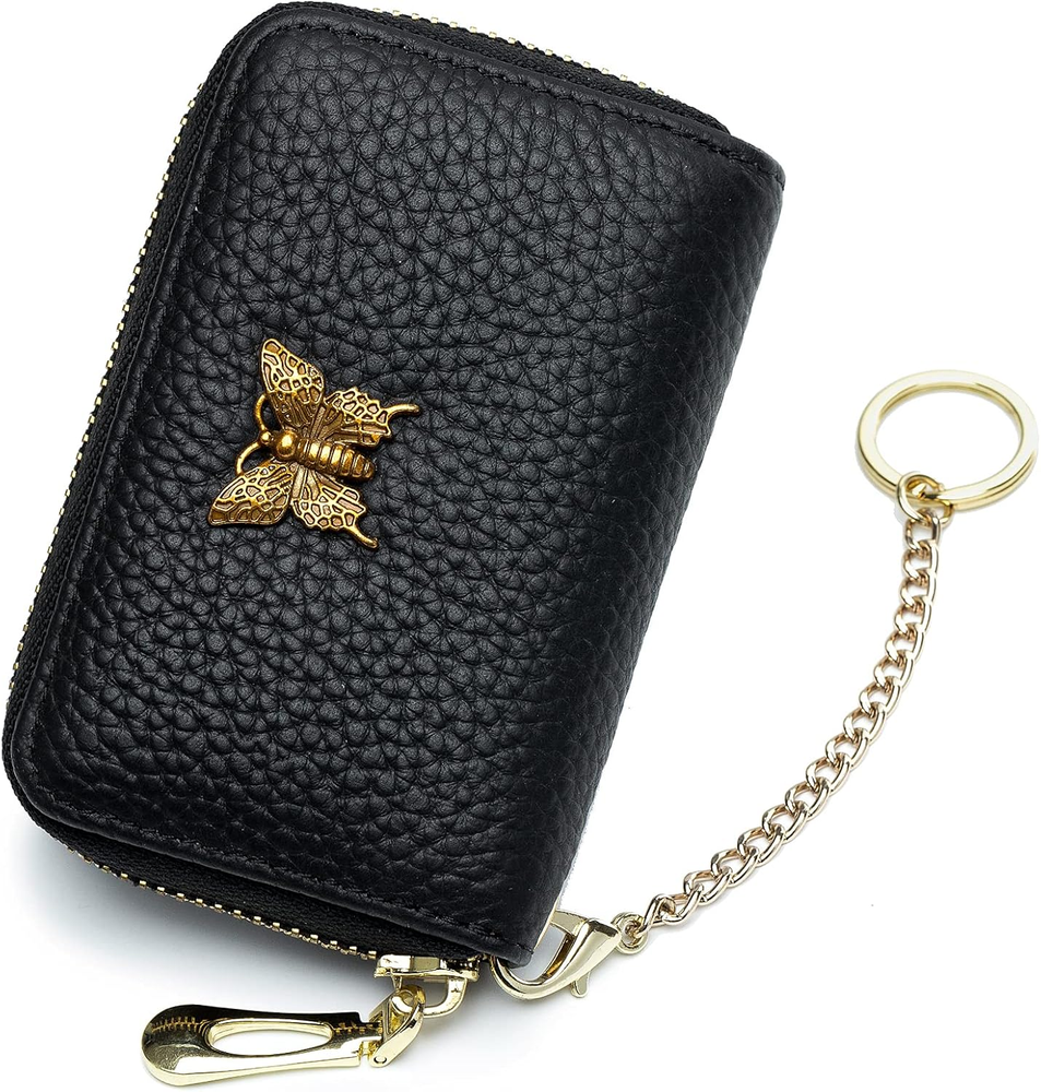 Genuine Leather Credit Card Wallet with Zipper & Removable Keychain in Black-image