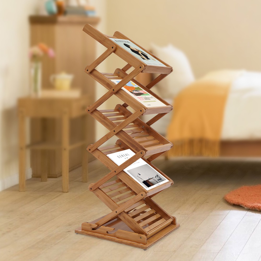 Heavy Duty Bamboo Magazine?Rack 5 Layers Foldable File Shelf Pop-up Book Stand